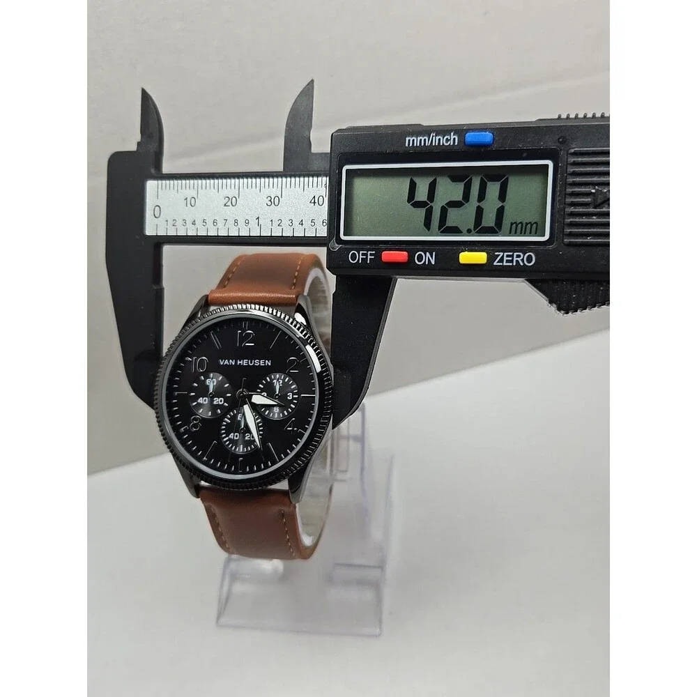 Van Heusen VAN5704RO Mens Black Multi Dial Leather Quartz Watch New Battery